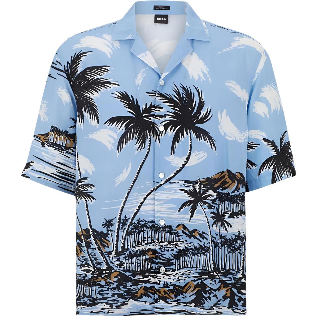 HUGO BOSS Shirts Men's Blue Cuban Collar Moderate Hawaii 50490433-492