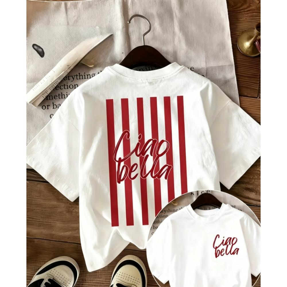 Ciao Bella Striped Print T-shirt Italian Retro Graphic Short Sleeve Tops Women Casual Loose Streetwear Daily Wear Tee Summer