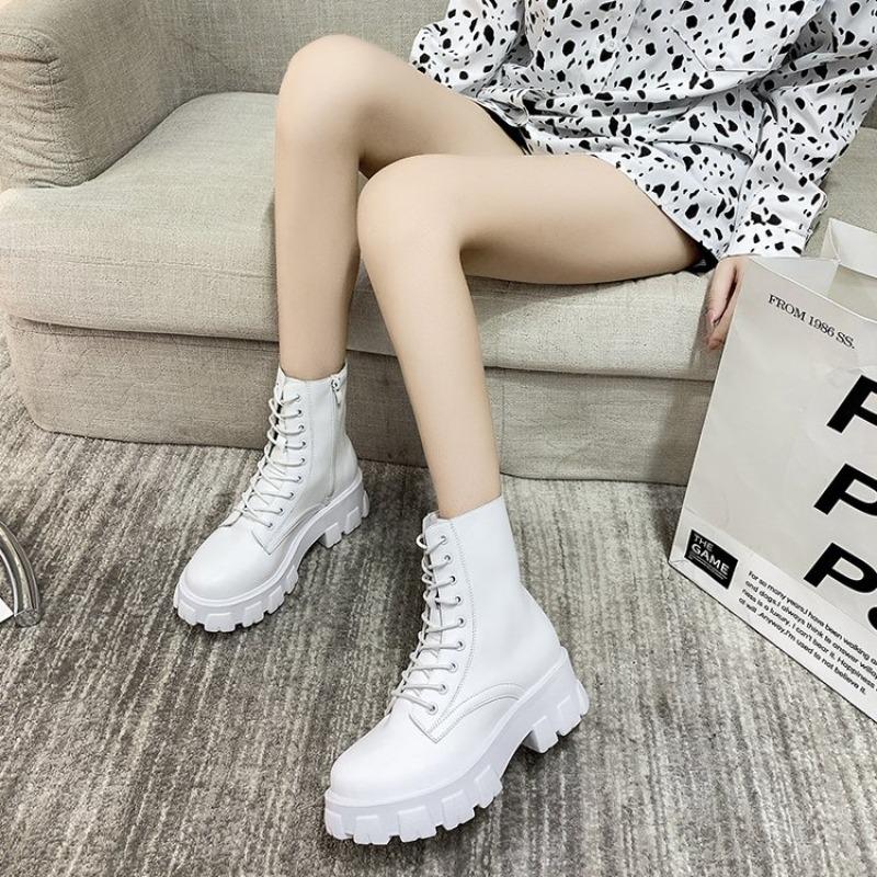 2026 Boots Women  Autumn Winter PU Leather White Ankle Boots Motorcycle Female Chunky Heels Platform Boots