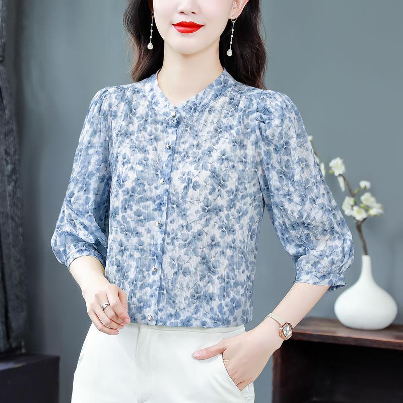 Šifonová košile s tříčtvrtečními rukávy Letní Nová Volná a Módní Košile Květinový Stojáček Šifonový Top