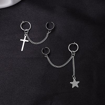 Super Cool Dark Cross Stainless Steel Chain Integrated Ear Bone Clip Bouncing Five-Pointed Star Couple Earrings Without Piercings