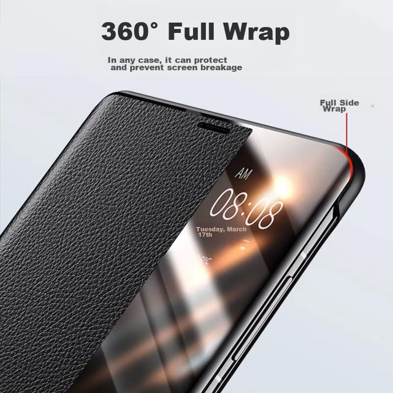 Phone Case for Huawei Mate60, Flip Cover Smart High-Definition View Window Genuine Leather Full Protection Anti-Drop Business Ultra-Thin Case for Me