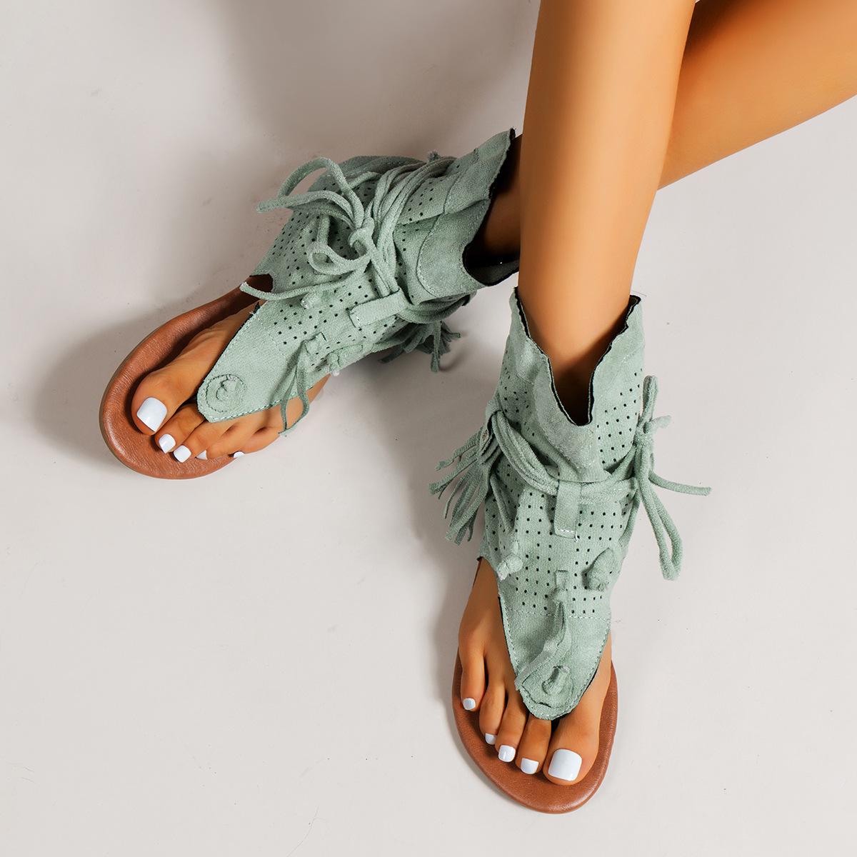 

Women s Sandals Retro Gladiator Ladies Clip Toe Vintage Boots Casual Tassel Rome Fashion Summer Woman Shoes for Female New 35 зелений