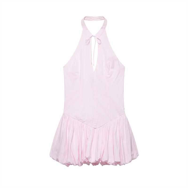 2026 Women's Poplin Halter Neck Balloon Silhouette Short Dress
