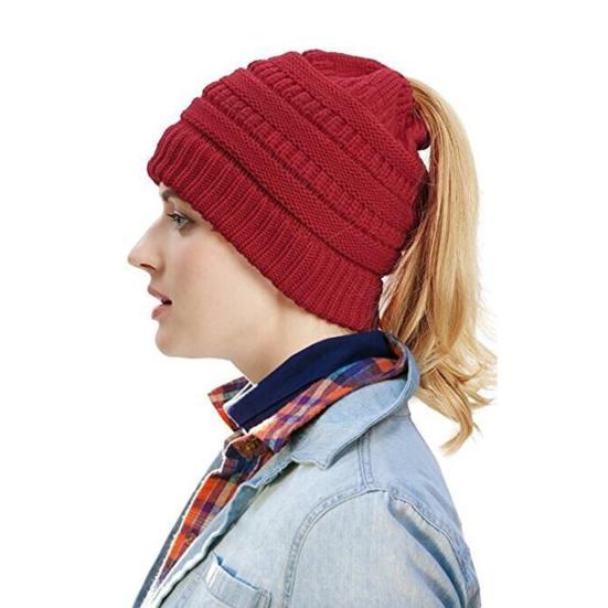 Women's Ponytail Hat Winter Warm Knitted Hat with Ponytail Tail Hole Soft Stretch Cable