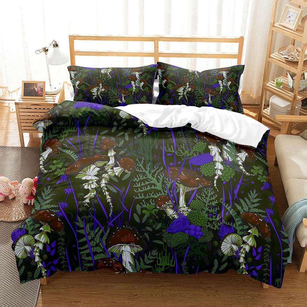 Mushroom Duvet Cover Set Microfiber Wild Plants Flowers Bedding Set Nature Botanical Animal Comforter Cover Single Queen Size