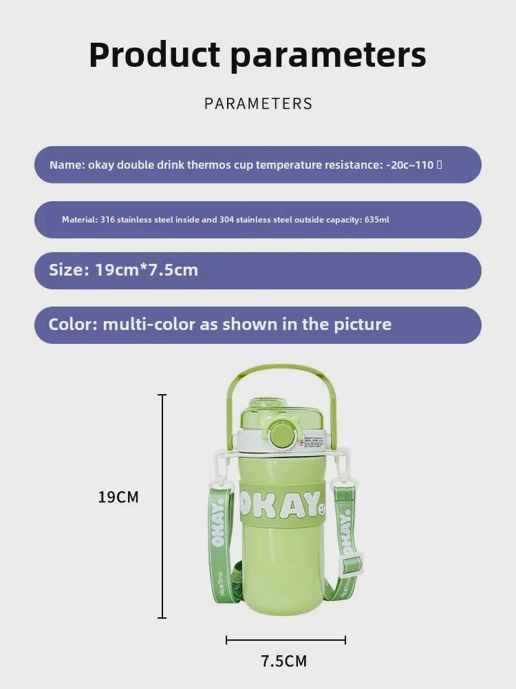 316 Stainless Steel Sports Thermos with Strap & Double Straw for Girls