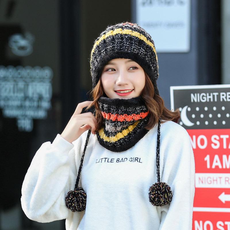 Korean Style Women's Knit Earmuff Hat and Scarf Set - Plush, Thick, and Trendy for Outdoor Warmth.