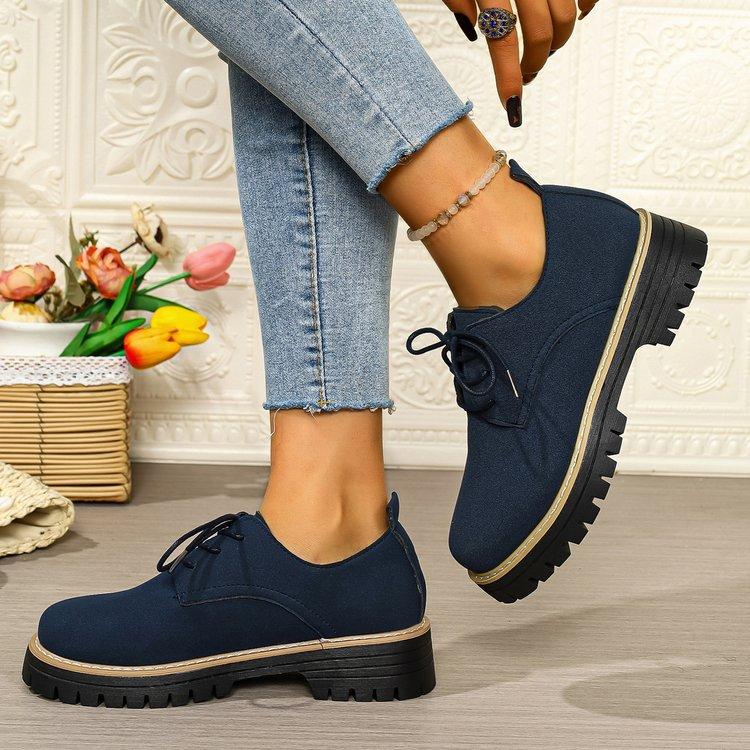 Women Plus Size Lace Up Mid Heel Loafers Round Toe British Style New Autumn Leather Shoes