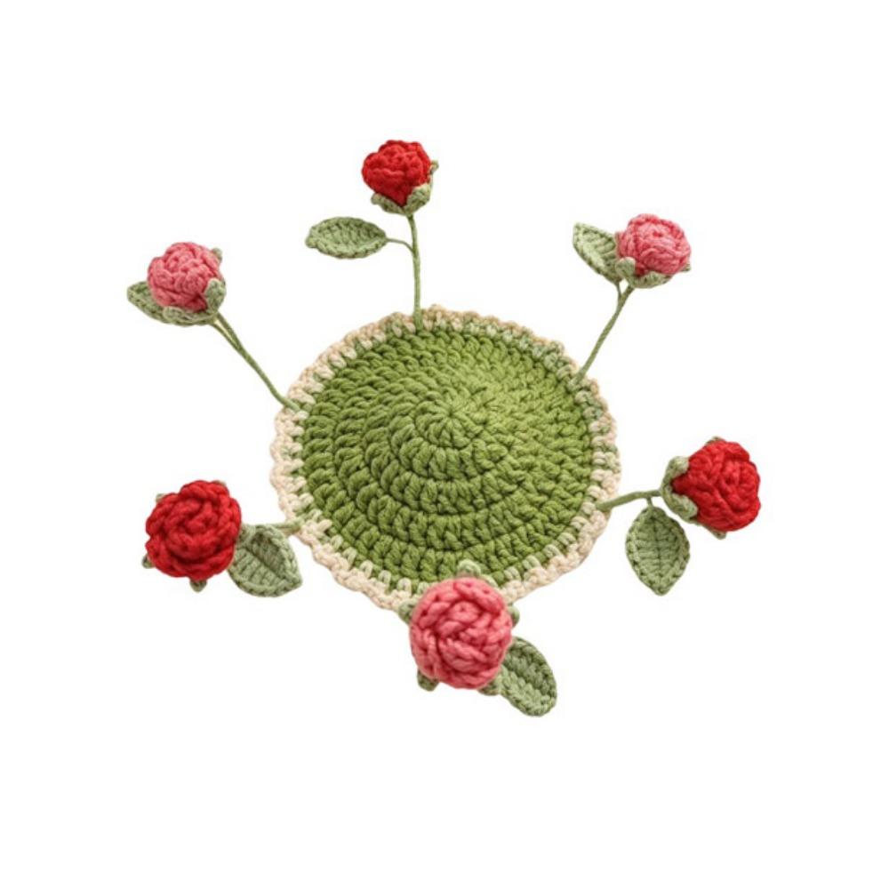 Round Flower Coaster Cotton Yarn Knitted Floral Mat Practical 3D Floral Cup Mat  Coffee Table Decor