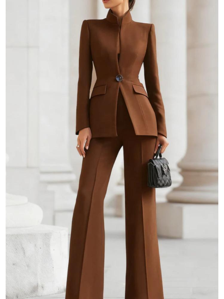 Women's Tailored Wide-Leg Pants Suit Blazer Set, Navy Blue Formal Office Wear
