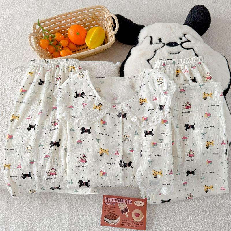 Dog Paradise High-Value Princess Collar Lace Cloud Cotton Pajamas Women'S Three-Piece Set