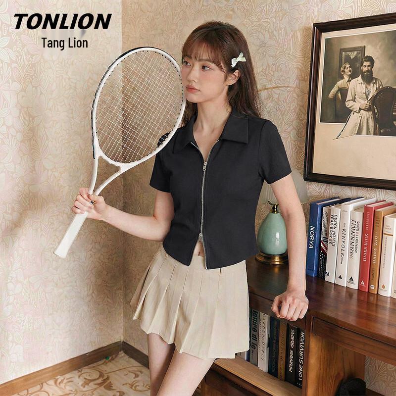 TonLion Women's Polo Neck Zipper Short-Sleeve T-Shirt