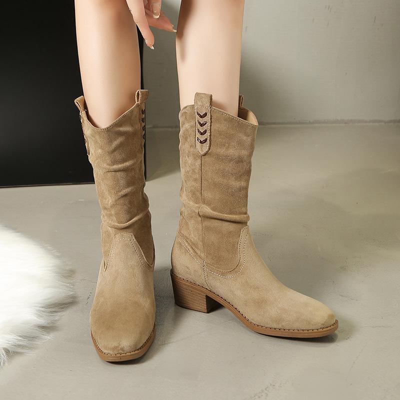 Large size women's boots 2025 autumn and winter new denim retro pleated piled boots pointed thick heel thin Martin boots
