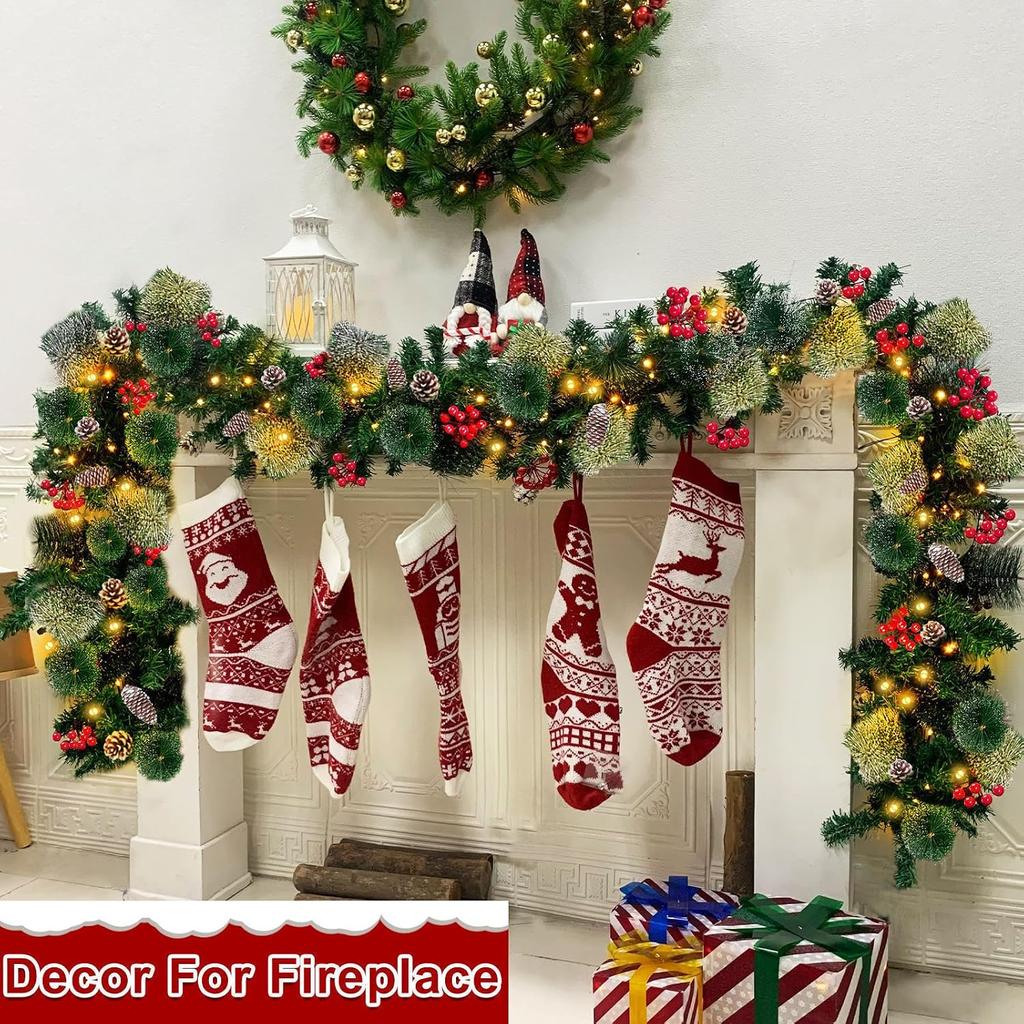 Timer 8 Mode - 9Ft by 10 Inch Prelit Christmas Garland with 50 Warm Lights,Thick 270 Snowy Tips 70 Red Berry 10 Pinecone Battery Operated Real Touch