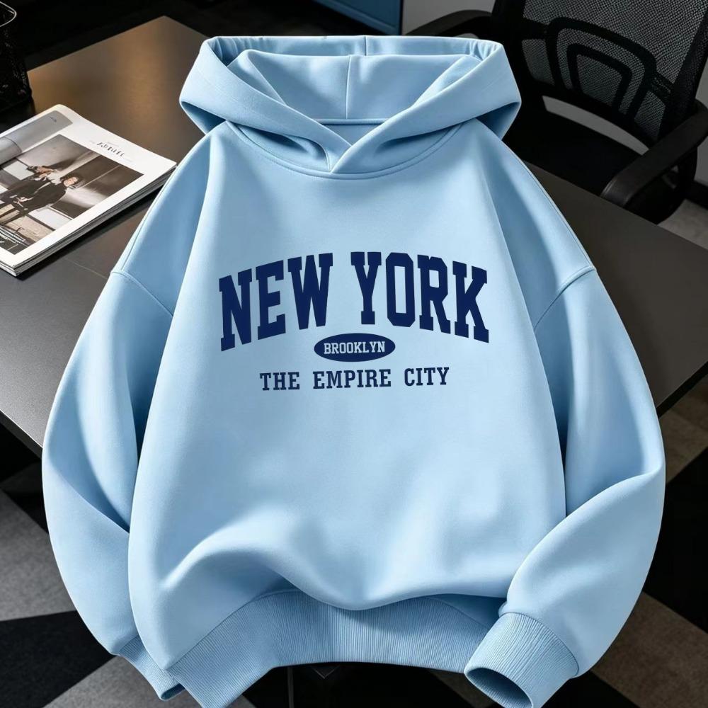 New York Letter Print Casual Style for Boys and Girls Children's Fashionable Hoodie Loose Fit, Geometric Pattern Warm Sweatshirt