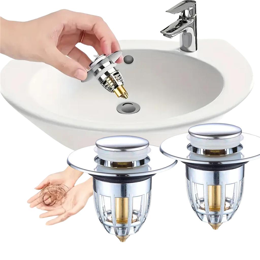 Universal Rebound Drain Plug Filter Basin Pop-up Chrome Sink Filter with Hair Catcher Bathroom Sink Drain Stopper Easy Push Type