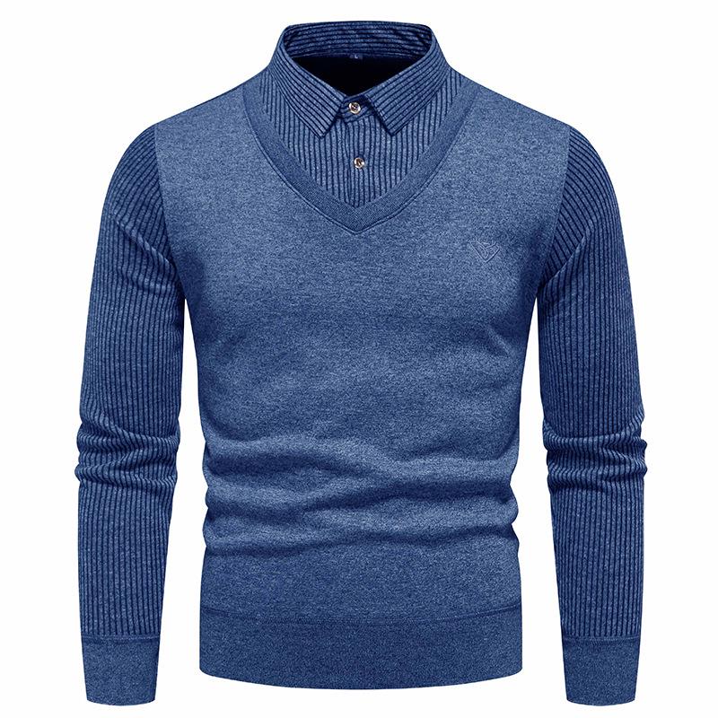 Men's Trendy Striped Two-Piece Look Pullover Sweater - Warm, Velvet-Lined Knitwear for Autumn/Winter