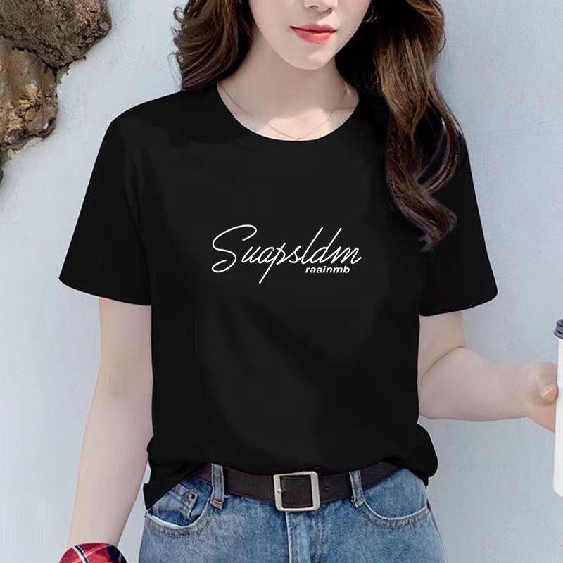 Women's Black Pure Cotton Plus Size Round Neck Short Sleeve T-shirt - 2025 Summer Versatile Loose Fit