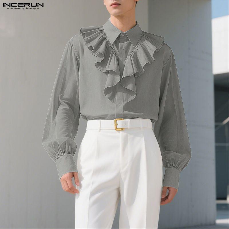 INCERUN Oversized Elegant Men Multi-layered Neck Long Sleeve Ruffled Casual Loose Shirts