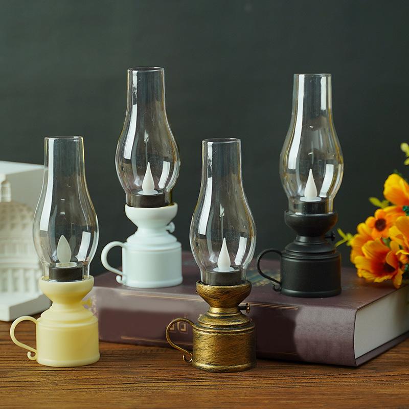 Retro Flameless Candle Holder Candlestick Kerosene Lamp with Button Battery Table Light Vintage Decor Kerosene Lamp