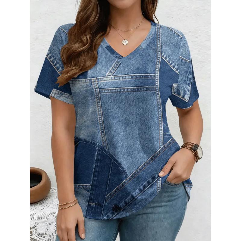 Fashion Women's V-Neck Short Sleeve 3D Casual Color Printing Casual Short Sleeve V-Neck T-Shirt