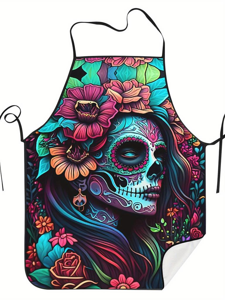 Day of the Dead Sugar Skull Girl Apron Colorful Floral Tattoo Art Kitchen Cooking Baking Gothic Gift Alternative Fashion Chef