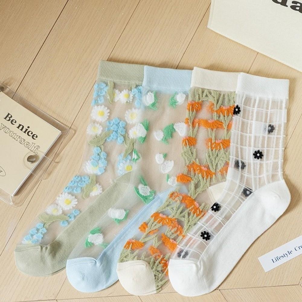 Crystal Silk Floral Embroidery Socks Ultra-Thin Nylon Long Socks Chic Mid-Tube Socks Cosplay