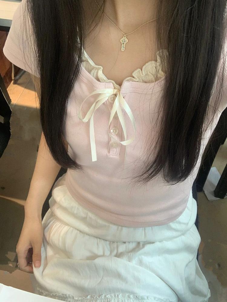 Women's Pink Ruffle Edge Lace-Up Shoulder Cotton Short Sleeve Fake Two-Piece Summer Top