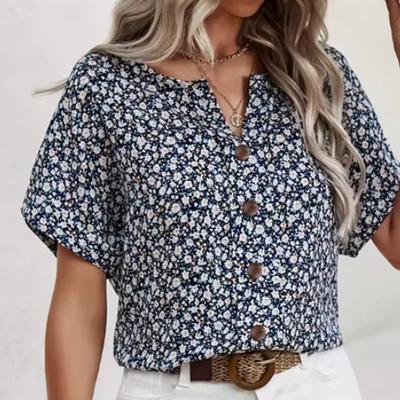 Printed V-neck T-shirt Short-sleeved Women's Casual Style, Summer New Products Women's All-match Short-sleeved