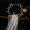 Bridal Veil with Boho Flower Crown One Layer Cut Edge Tulle Petite Beads Decorated Loop Short Veils for Flower Girls