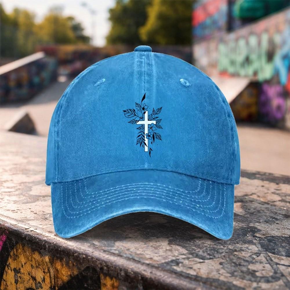 Floral Cross Washed Baseball Cap Premium Cotton Adjustable Outdoor Duck Tongue Hat