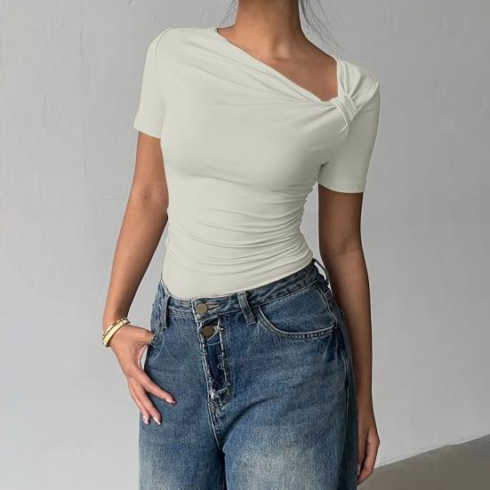 Chemise Femme Manches Courtes Col Biais Style Commuting Hauts Décontractés Coupe Ajustée Couleur Unie T-shirt d'Été