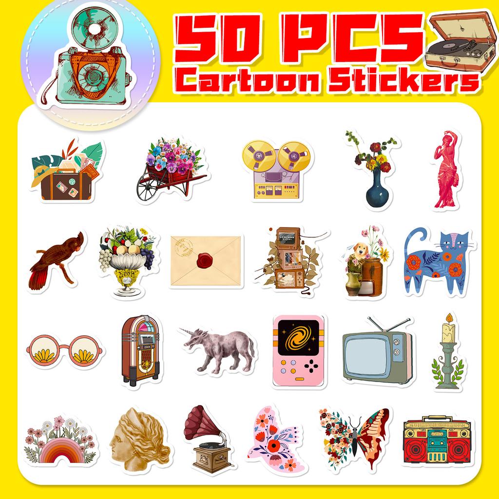 50 Retro Aesthetic Stickers European and American Brown Boho Aesthetic Literary Pattern Stickers