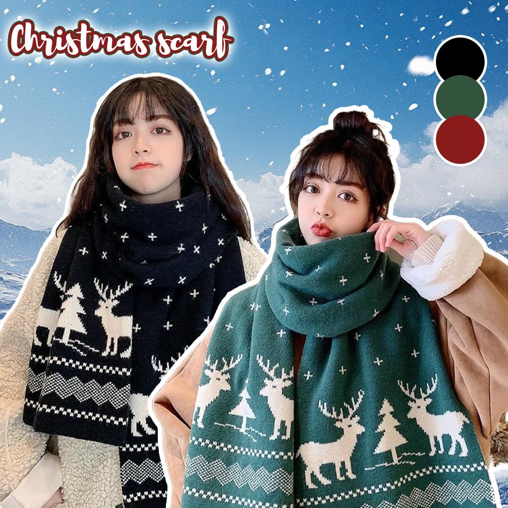 Winter Warm Scarf Deer Elk Double-Sided Knitted Scarves Fashion Versatile Woolen Shawl Girls Christmas Present for Women Men