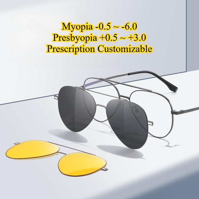 Attractive Glasses Men's Myopia Customizabled Aviation Magnetic Polarized Clip On Sunglasses Pilot Night Vision Eyeglasses Frame Uv400 Wo Sunshade Cm