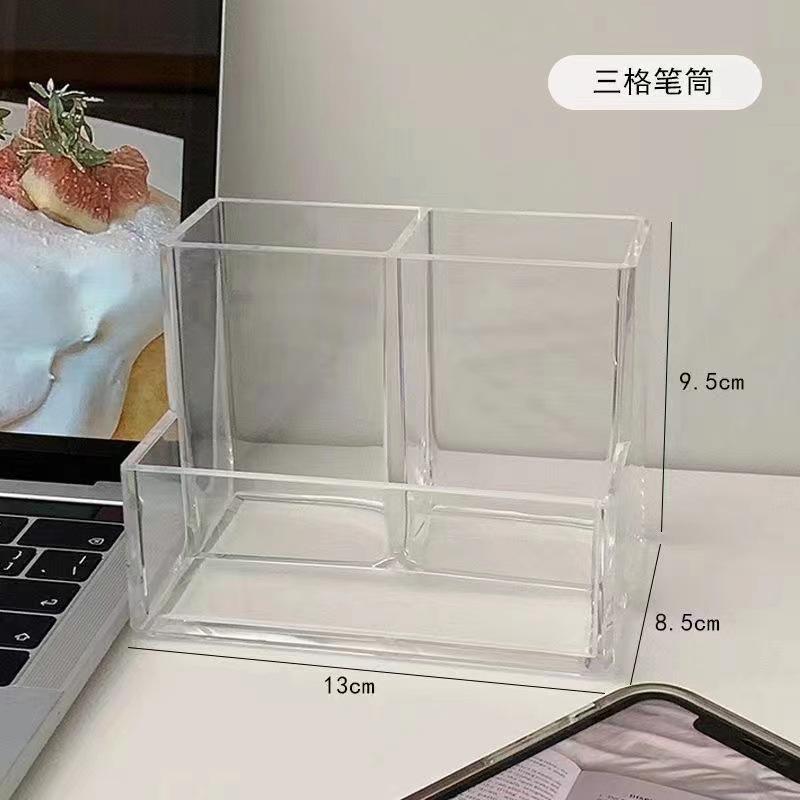 Simple Minimalist Transparent Acrylic Three Grids Desktop Pen Holder Storage Organizer 1pcs