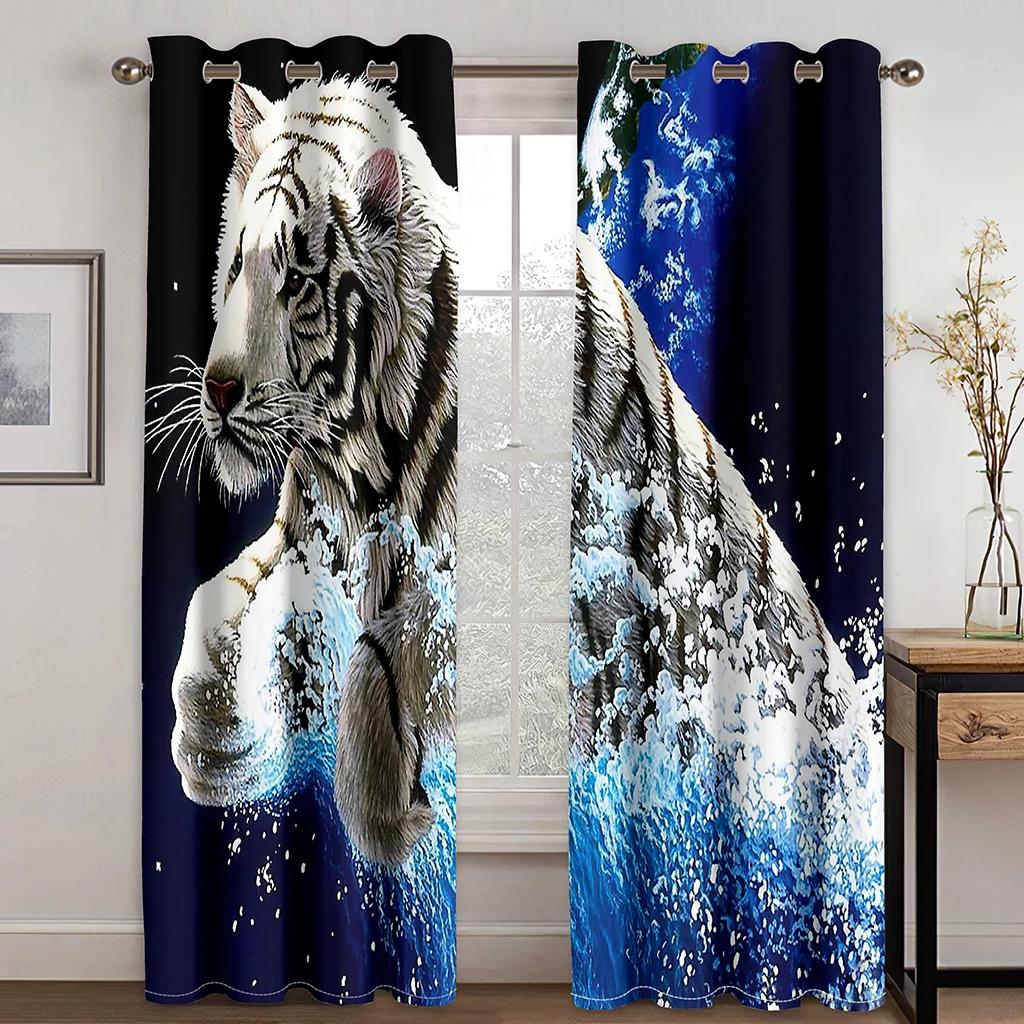 Blue Wolfs Animals Rose Leopard Two Drape Thick Window Curtains for Living Room Bedroom Decor Tiger Pattern High Shading Drape