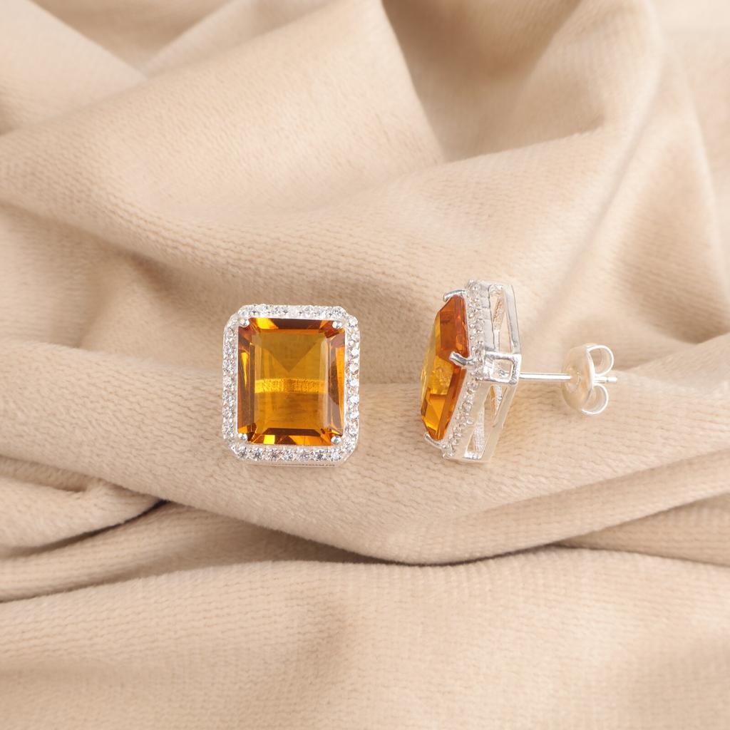 Citrine Gemstone 925 Stamped Silver Jewelry Zircon Earrings 0.57" For Women Gift CZE-6-2