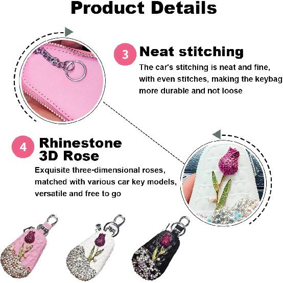 Mandark Bling Car Key Case,  Leather Crystal Rhinestone Vehicle Key Fob Protector, Automotive Smart Keychain Holder for Remote Key Fob, Universal