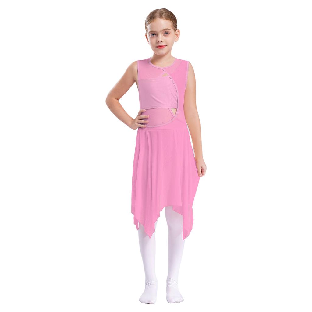 Kids Girls Lyrical Modern Contemporary Dance Dress Ballet Leotard Dress Cut Out Front Backless Mesh Tulle Skirt