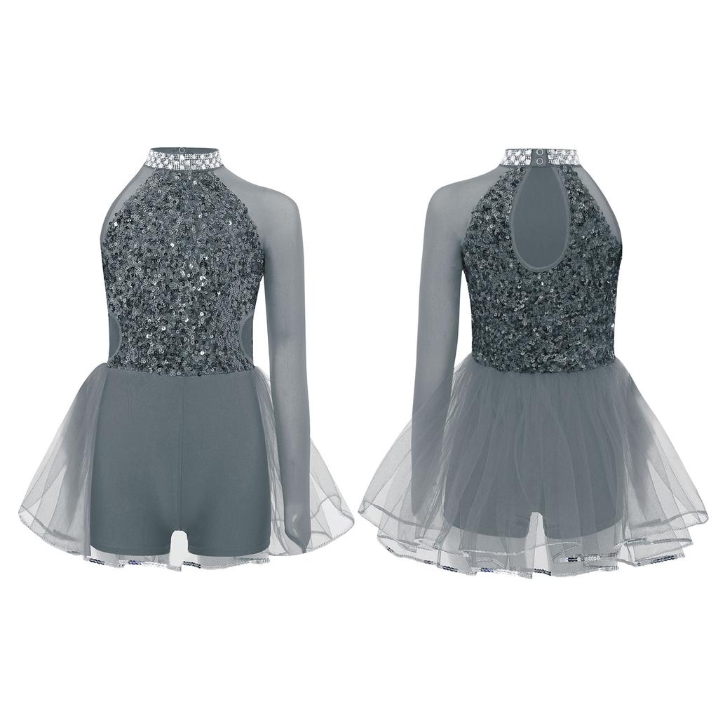 Meisjes Dans Optreden Kostuum Glanzende Pailletten Bovenlijf Tule Rok Leotard Uitsnijding Taille Asymmetrische Jumpsuit