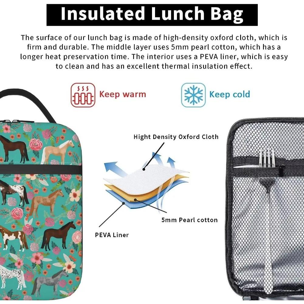 Horse And Flower Lunch Box Insulated Lunch Bags Zipper Lunch Bag Cooler Tote Bag For Teens Men Women Office Picnic