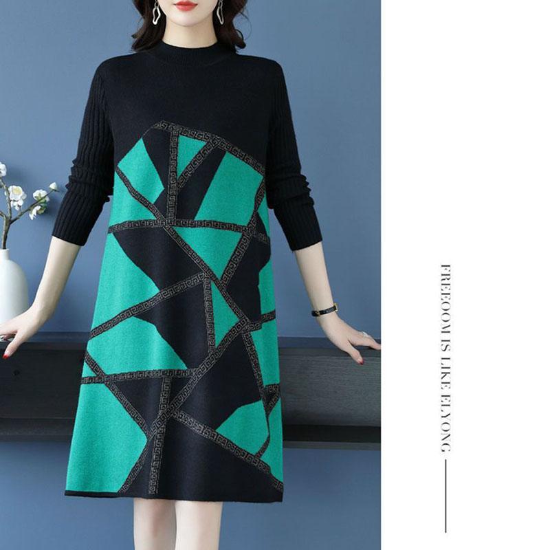 Autumn Winter Women's Plus Size Sweater Dress Loose Pullover Color-Block Knit Midi Dress Thick A-line Sweater Dress