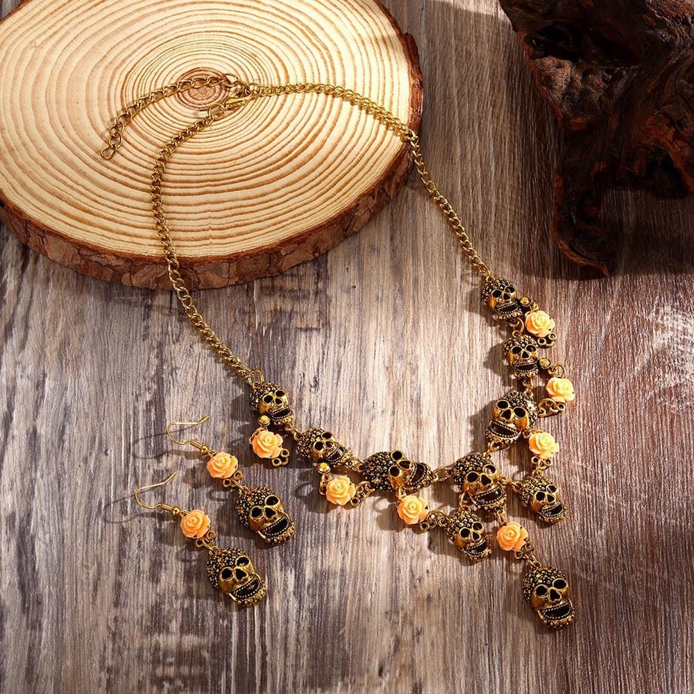 Summer Skull Jewelry Set Retro Flower Motif Metal Finish Teens Adults Decoration