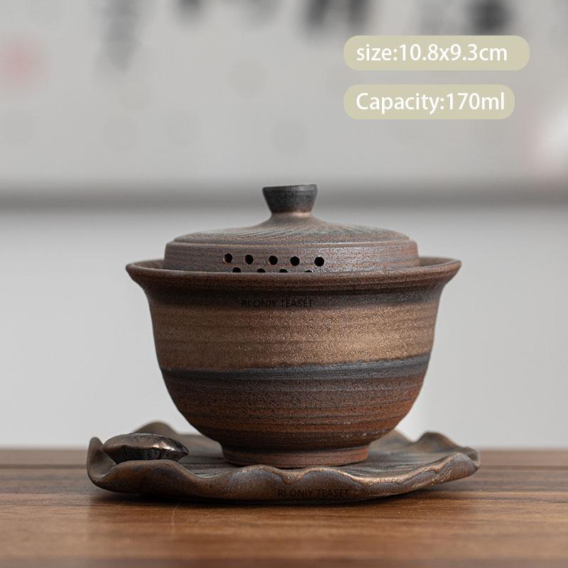 Chinese Rough Pottery Gaiwan Teacup Retro Handmade Ceramic Tea Tureen Household Tea Maker Travel Portable Teaware Accessories