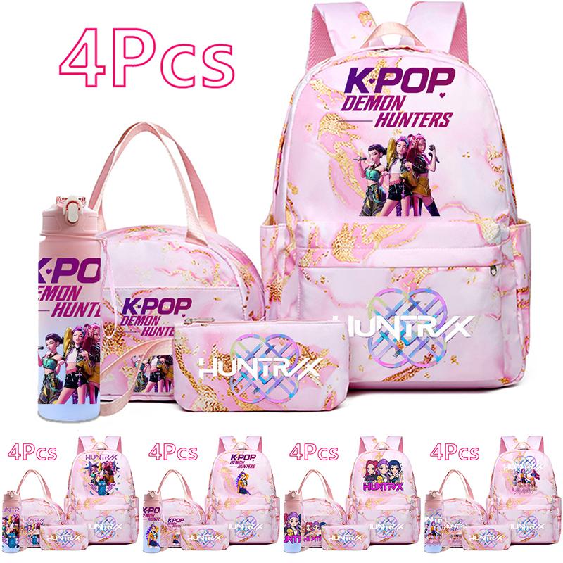 4Pcs/set Cartoon K-Pop Printed Backpack Handbag Pencil Case with 750Ml Water Bottler for Teenager Boy Girl Schoolbag Large Capacity Bookbag Mochila
