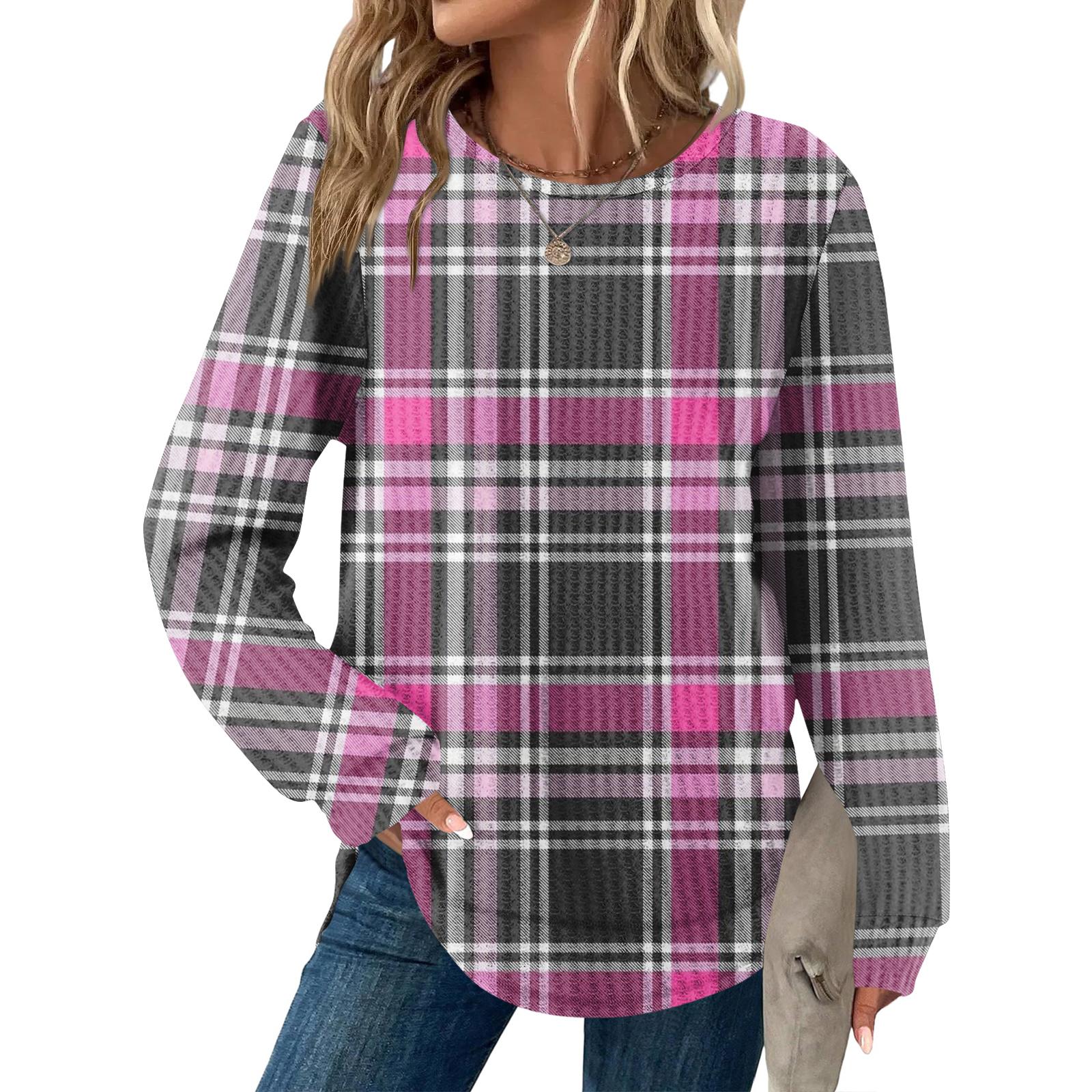 

Жіночий повсякденний вільний топ з круглим вирізом і довгим рукавом у клітинку L