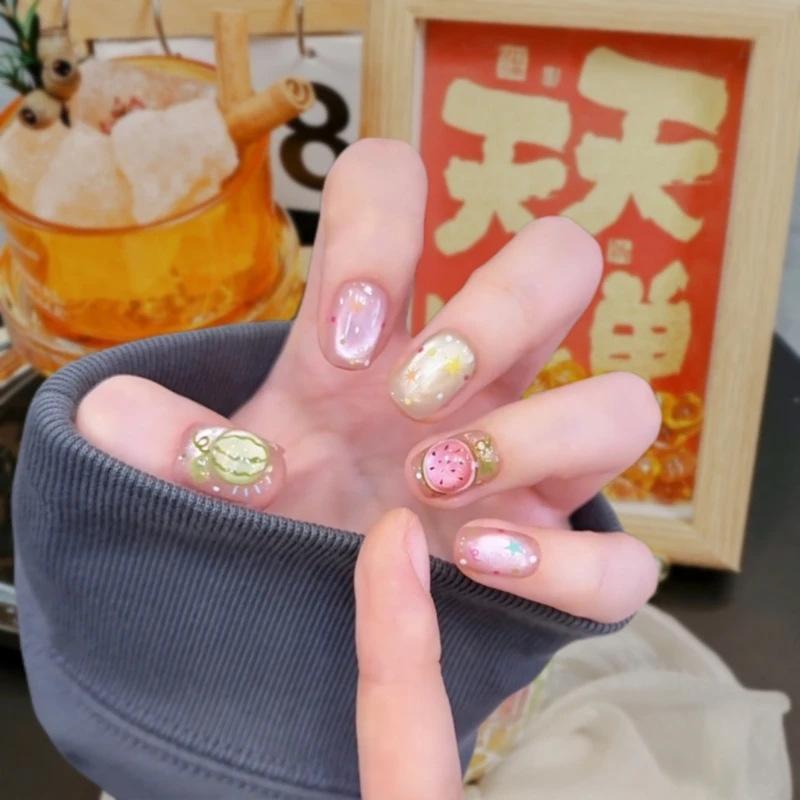 10 sztuk Ręcznie robione Paznokcie na klej Krótkie Kwadratowe Arbuz Gwiazda-Księżyc Pełne Pokrycie Końcówki Paznokci dla Kobiet Dziewczyn Zdejmowane Noszone paznokieć