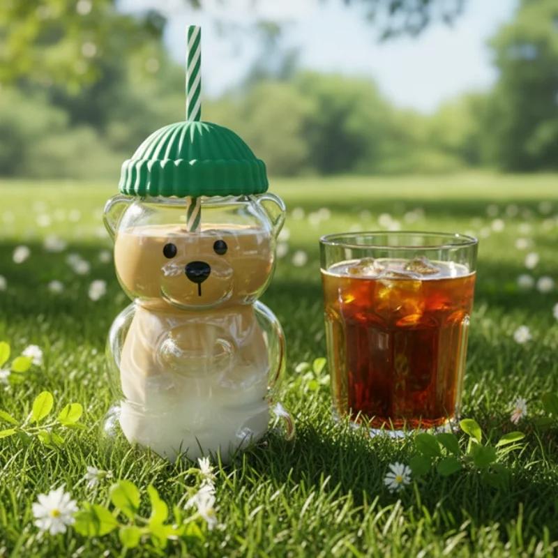 2025New On Sale Bear Shape Plastic Or Glass Cup With Straw Coffee Mug Cute Cartoon Creative Glass Juice Cup Tea Cup Drinkware